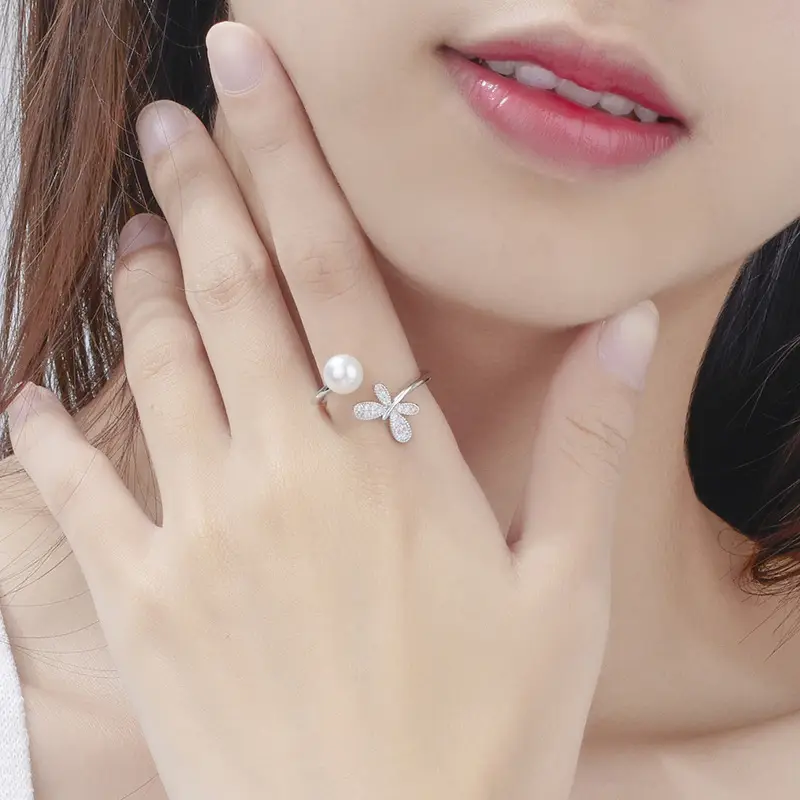Cross-border Korean Fashion Butterfly Pearl Ring Gold Silver - Image 3