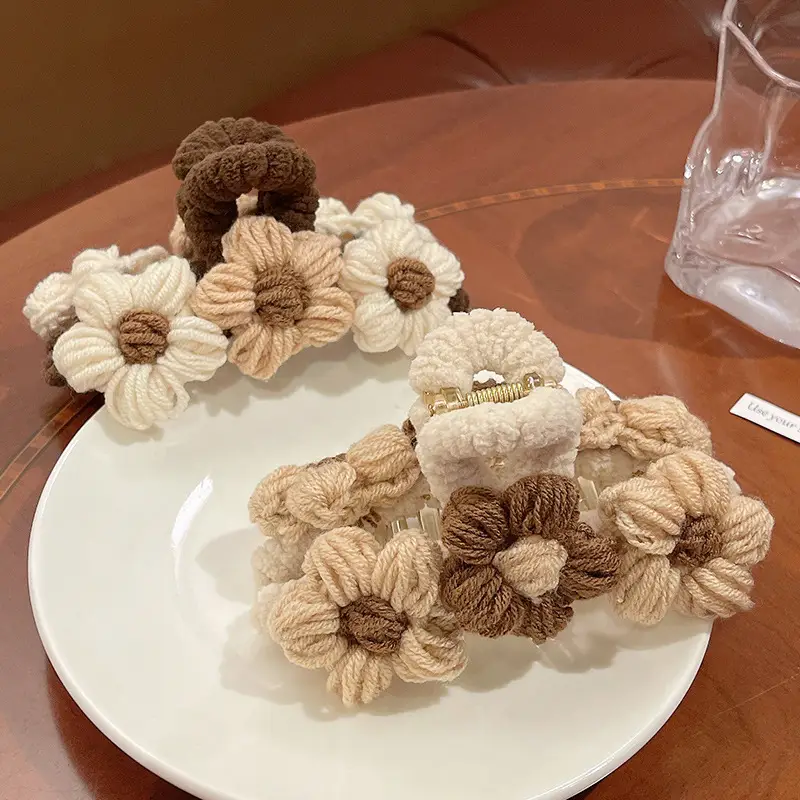 Wool Flower Hair Clip Milk Tea Color Women's Accessory