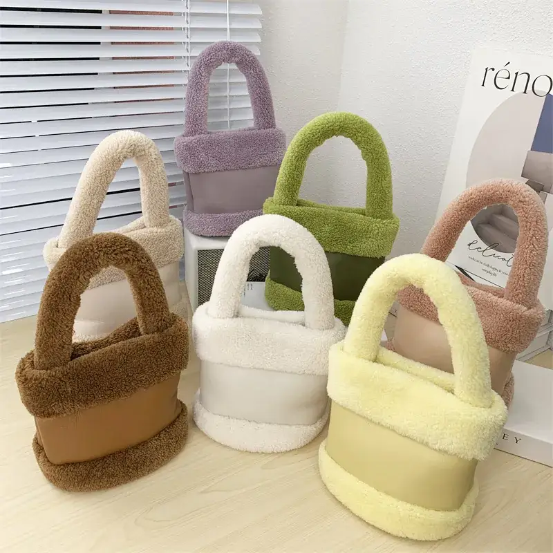 New Vegetable Basket Mao Women's Bag Fur One Autumn and Winter Bucket Bag Fashion Retro Plush Bag Handbag