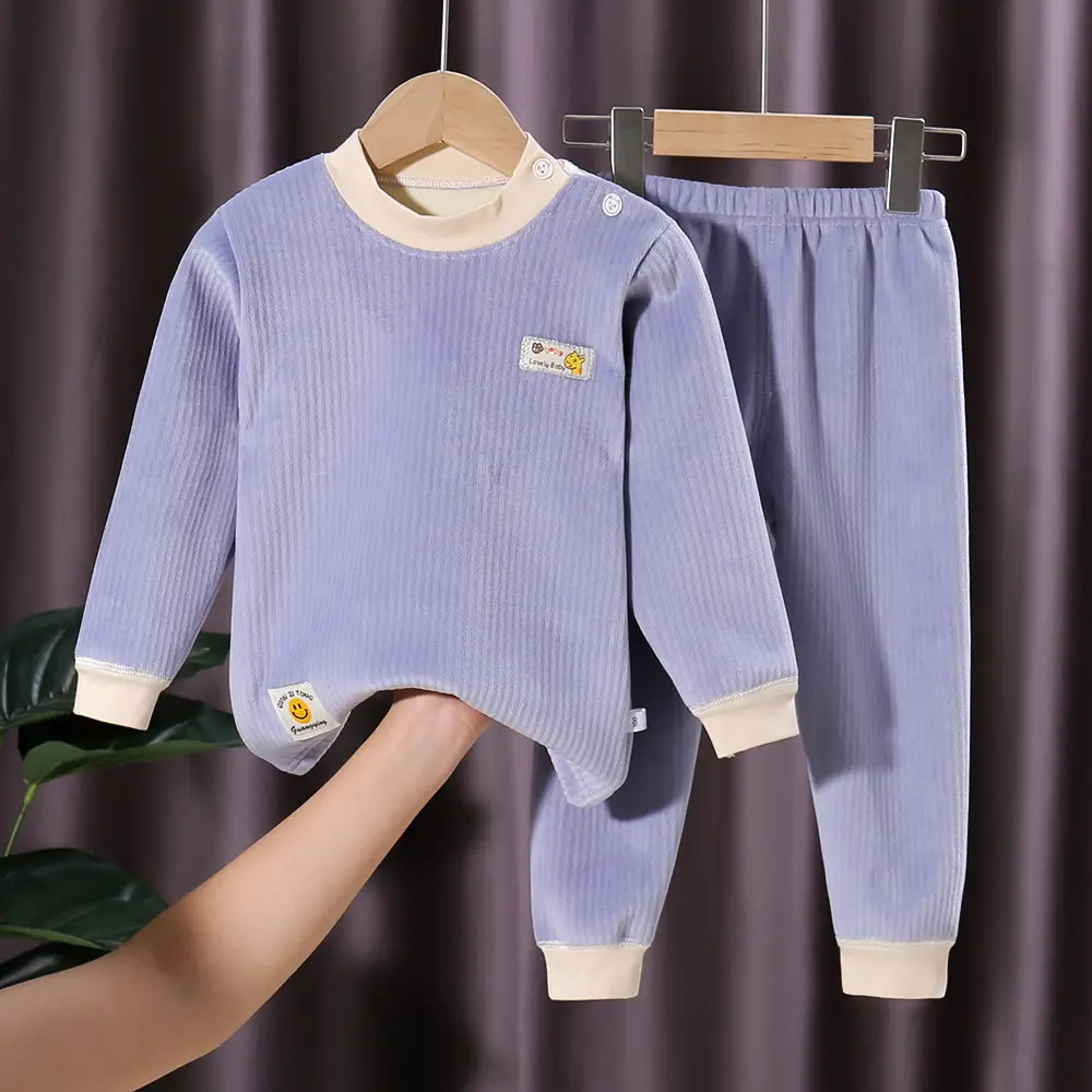 Children's Velvet Thermal Pajamas Set Peach Autumn Winter - Image 3