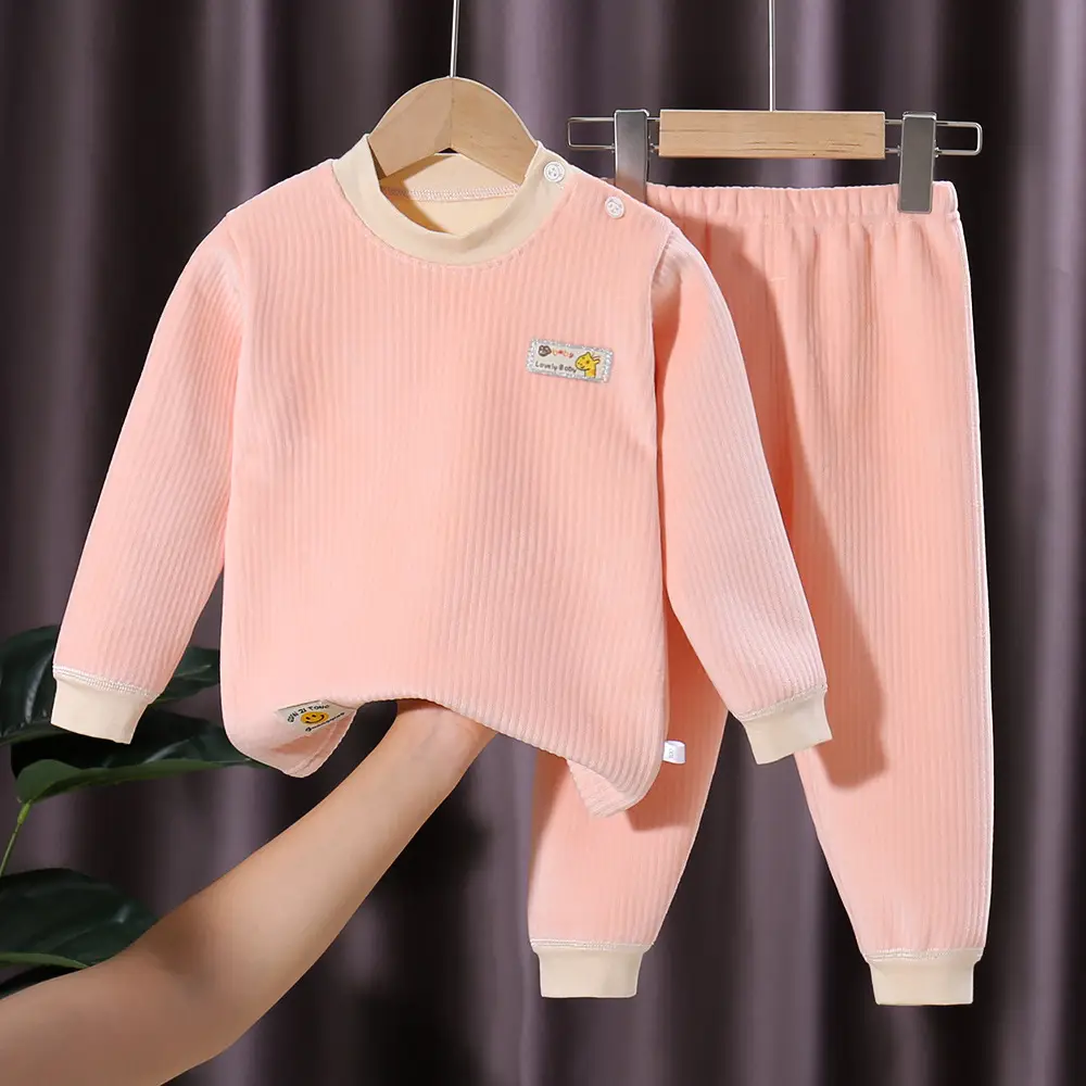 Children's Velvet Thermal Pajamas Set Peach Autumn Winter - Image 2
