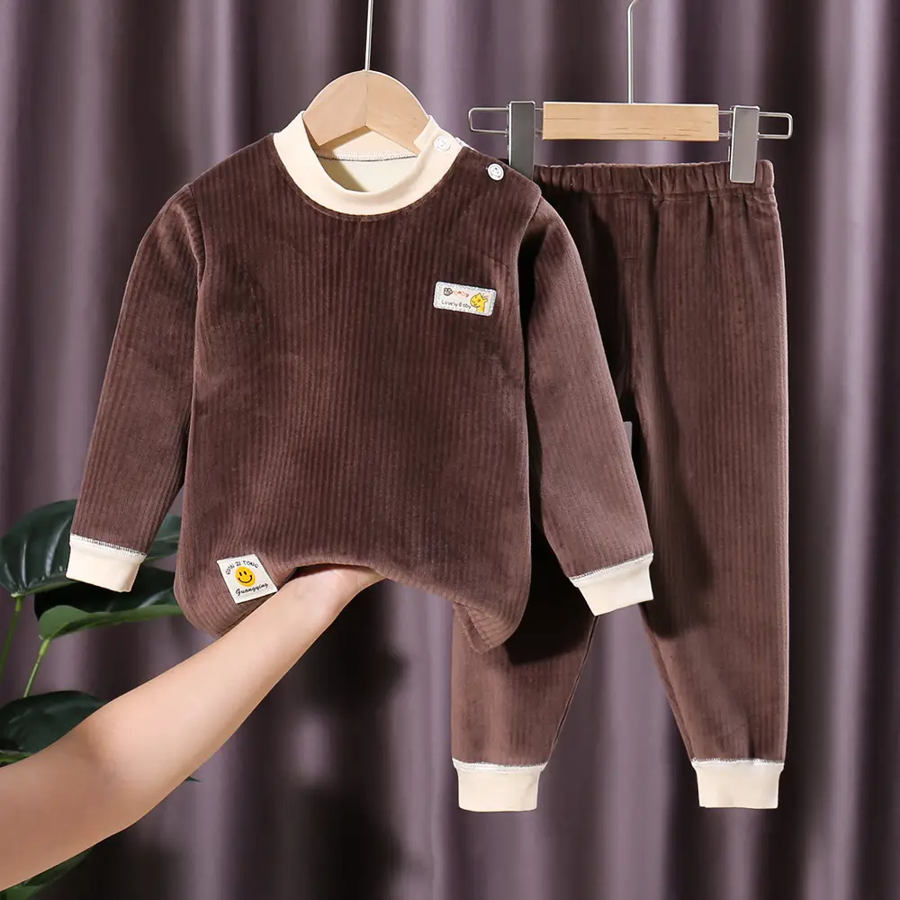 Children's Velvet Thermal Pajamas Set Peach Autumn Winter - Image 4