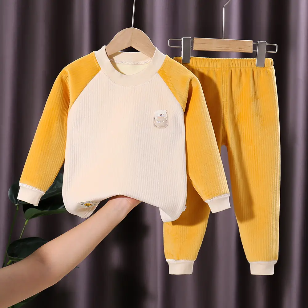 Children's Velvet Thermal Pajamas Set Peach Autumn Winter - Image 5