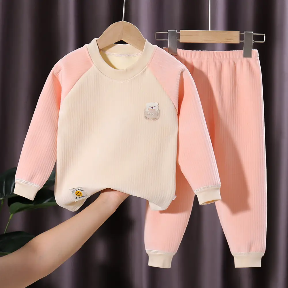 Children's Velvet Thermal Pajamas Set Peach Autumn Winter - Image 6