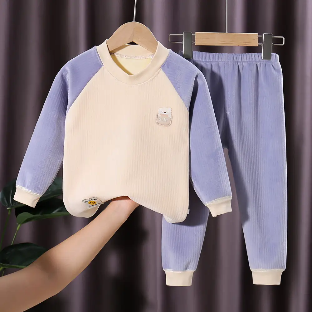 Children's Velvet Thermal Pajamas Set Peach Autumn Winter - Image 7