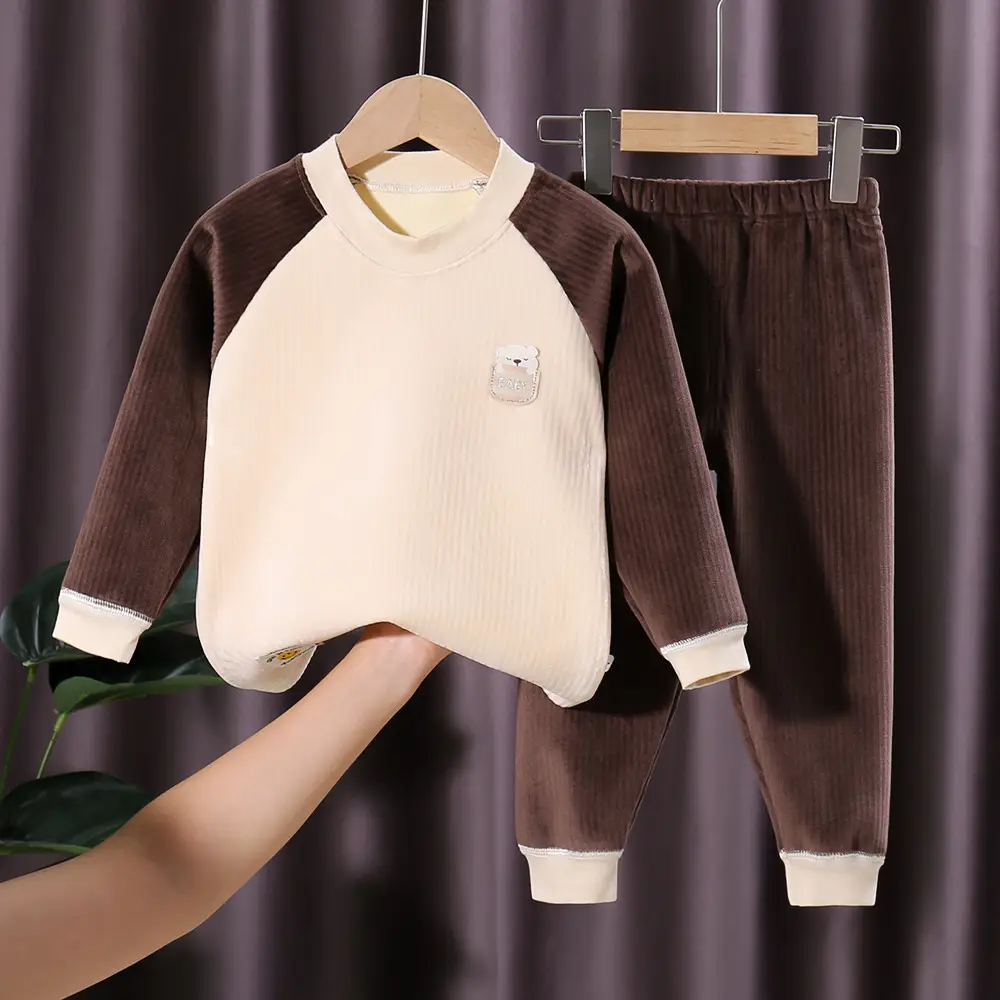 Children's Velvet Thermal Pajamas Set Peach Autumn Winter - Image 8
