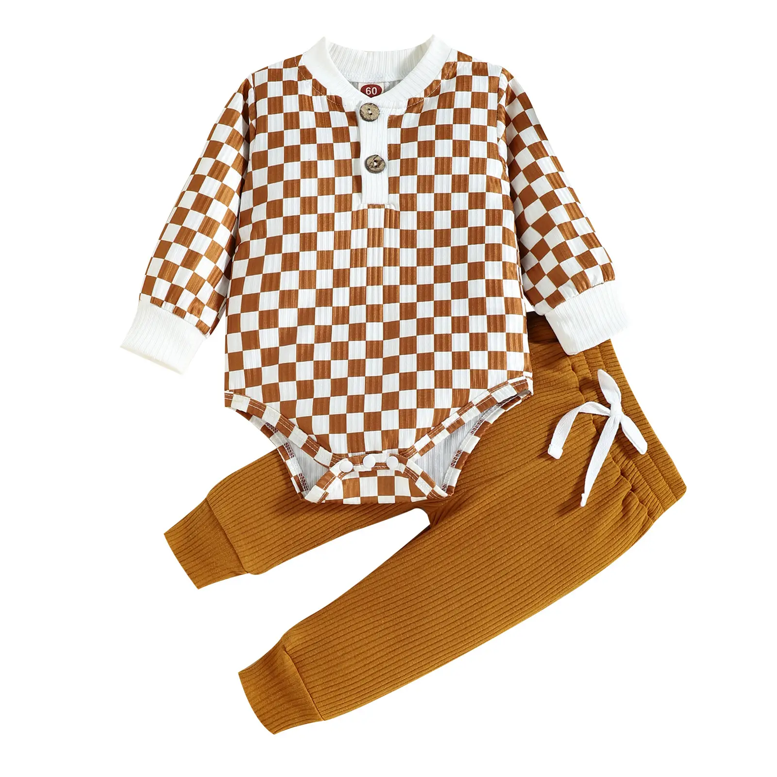 Baby 2022 Checkered Pants Set Brown White Knitted Cotton - Image 8