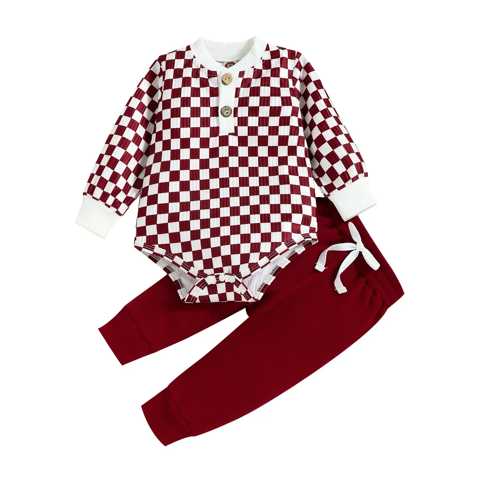 Baby 2022 Checkered Pants Set Brown White Knitted Cotton - Image 3