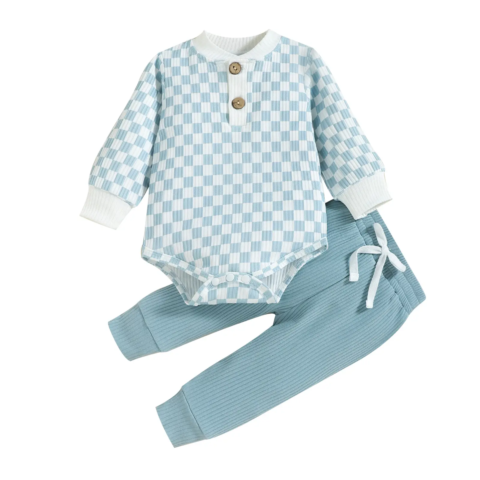 Baby 2022 Checkered Pants Set Brown White Knitted Cotton - Image 4