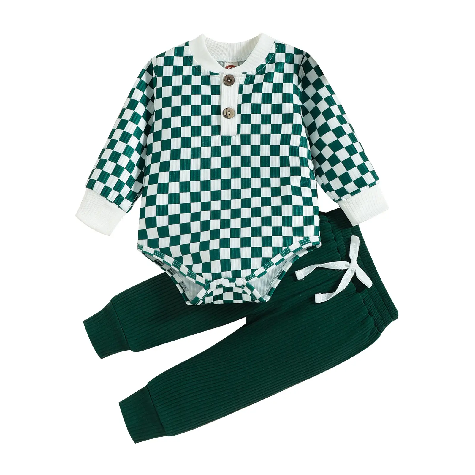 Baby 2022 Checkered Pants Set Brown White Knitted Cotton - Image 5