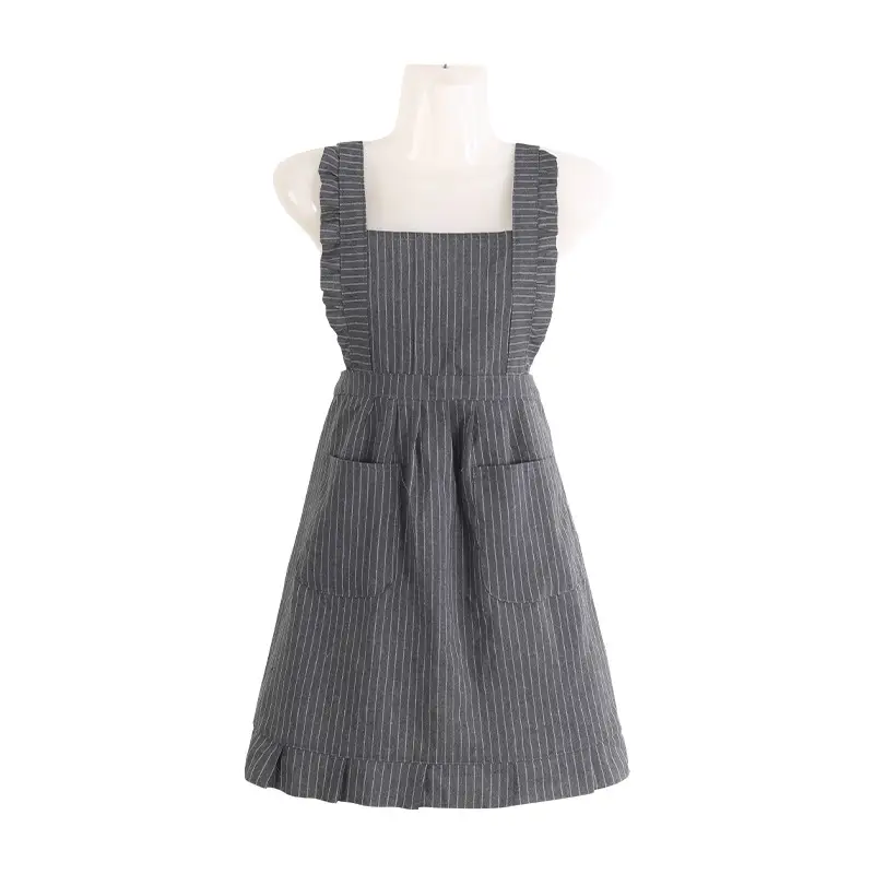 Women Sleeveless Apron Cotton Striped Green Gray