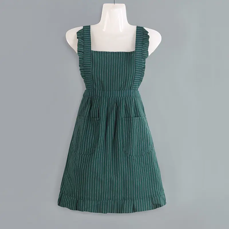 Women Sleeveless Apron Cotton Striped Green Gray