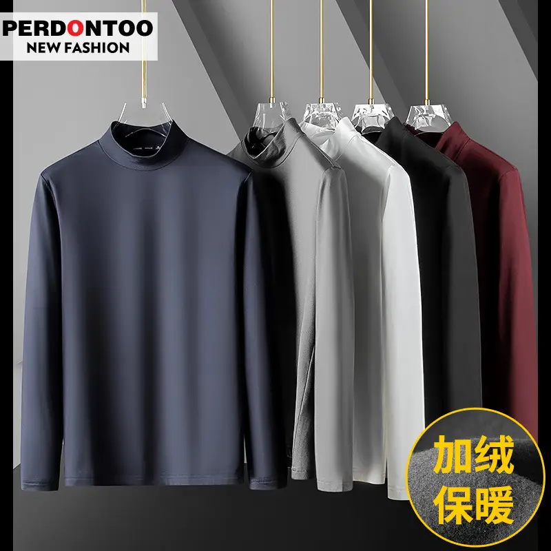 Men Navy Fleece Half-Turtleneck Long Sleeve T-Shirt - Image 15