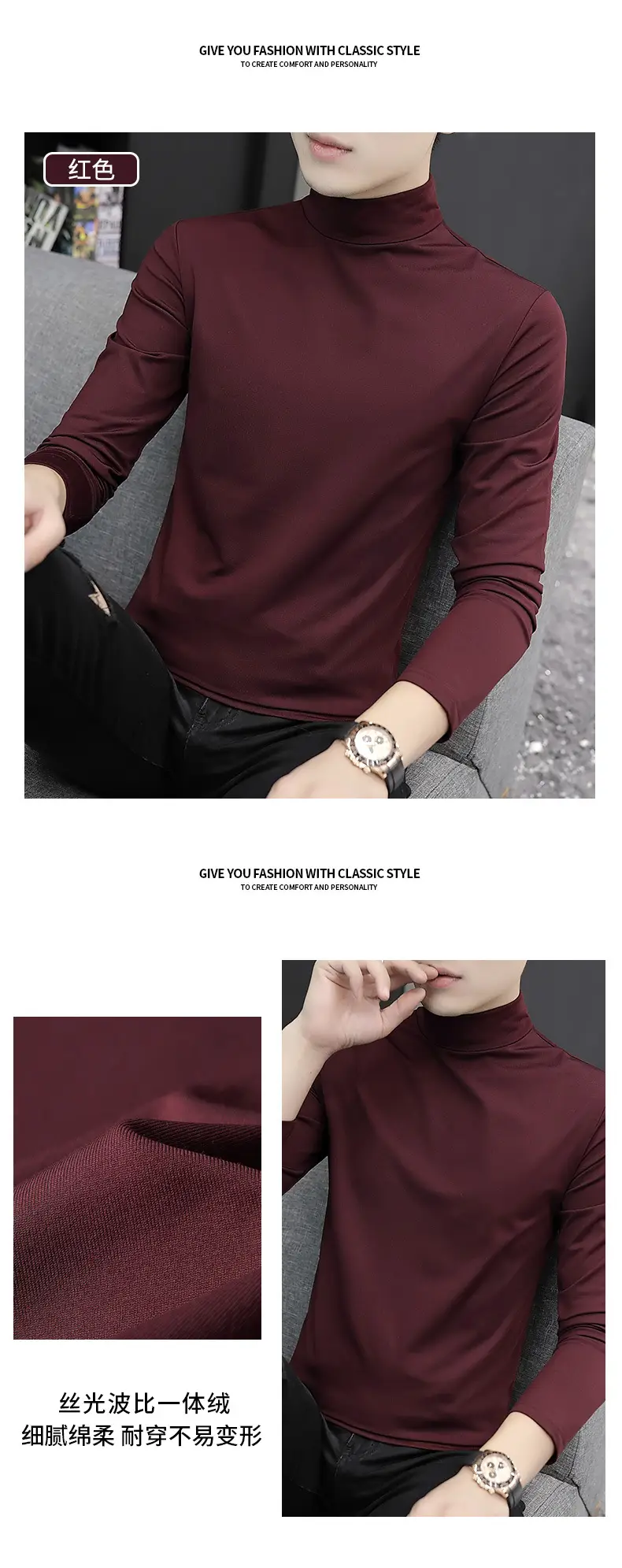 Men Navy Fleece Half-Turtleneck Long Sleeve T-Shirt — feature 12