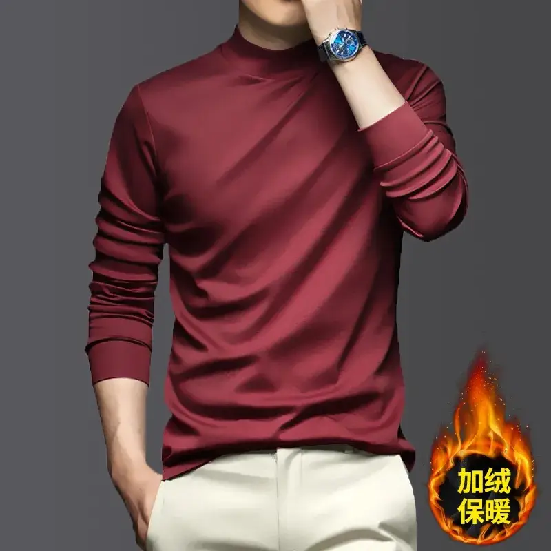 Men Navy Fleece Half-Turtleneck Long Sleeve T-Shirt - Image 4
