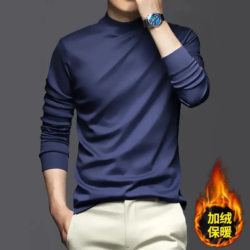 Men Navy Fleece Half-Turtleneck Long Sleeve T-Shirt - Image 5