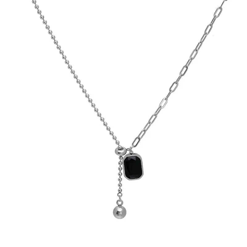 Black Square Tassel Titanium Steel Necklace Women's Light Luxury Niche High-end Design Autumn and Winter Accessories All-match Sweater Chain - Image 6