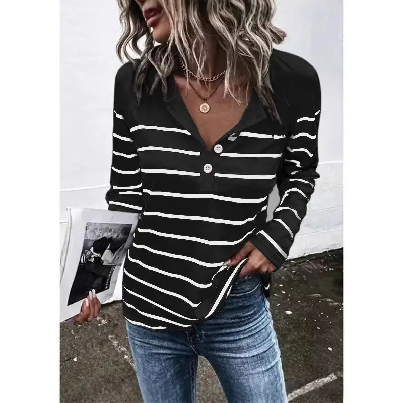 Women Striped Button T-Shirt Long Sleeve Blue White - Image 8