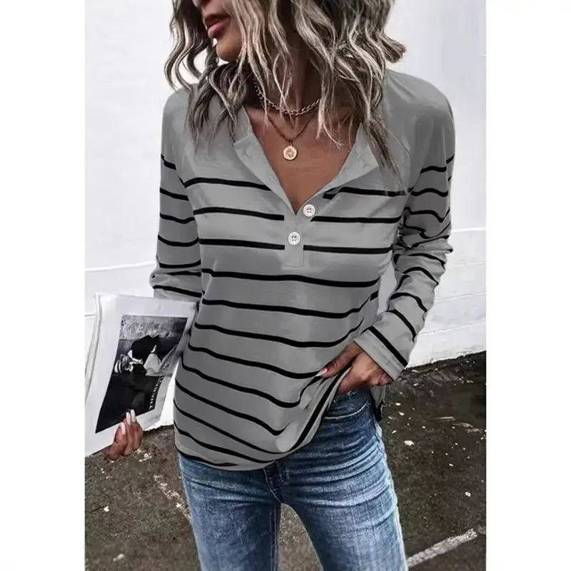 Women Striped Button T-Shirt Long Sleeve Blue White - Image 9