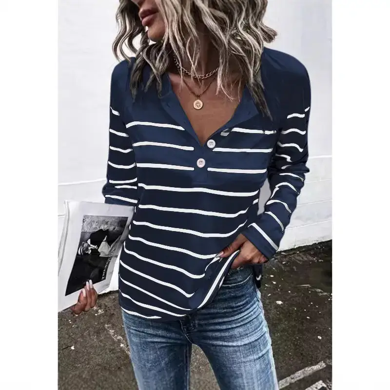 Women Striped Button T-Shirt Long Sleeve Blue White - Image 11
