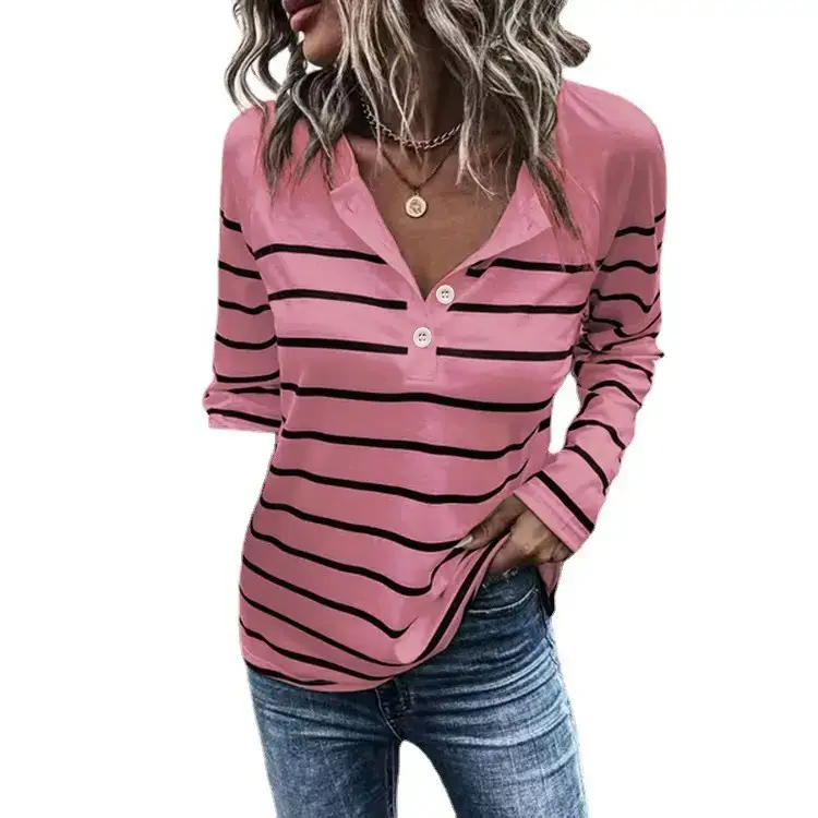 Women Striped Button T-Shirt Long Sleeve Blue White - Image 12