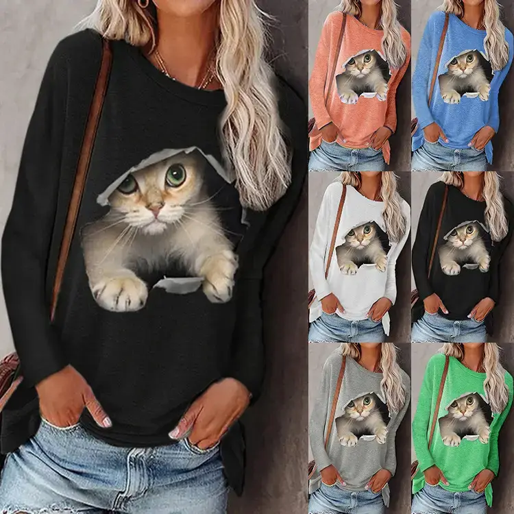 Women Striped Button T-Shirt Long Sleeve Blue White — feature 9