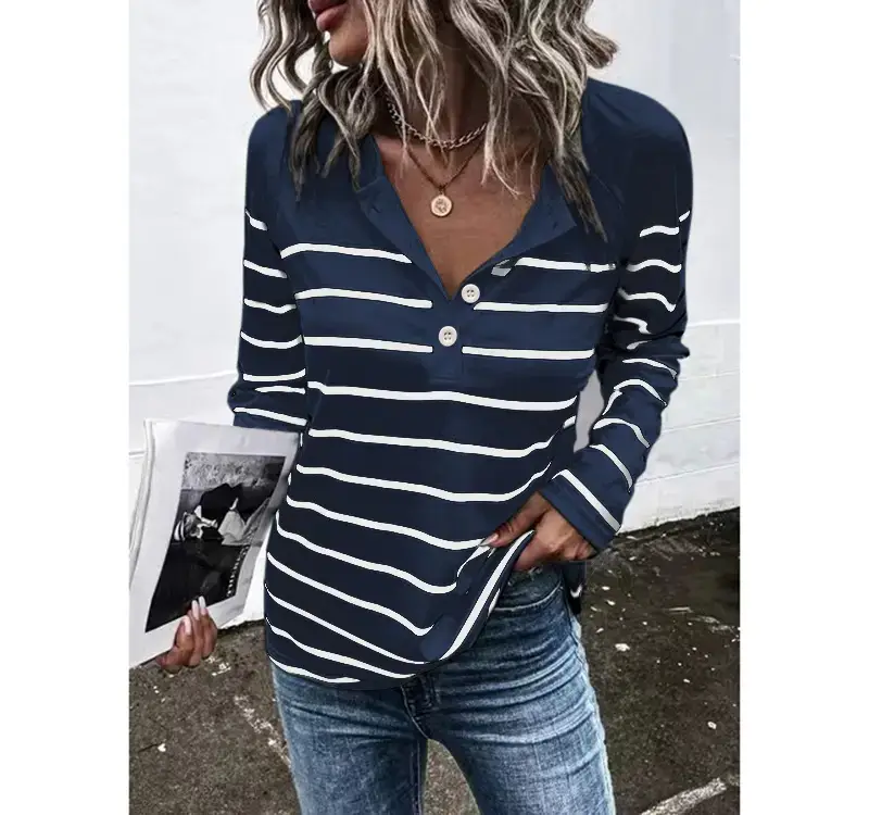 Women Striped Button T-Shirt Long Sleeve Blue White - Image 4