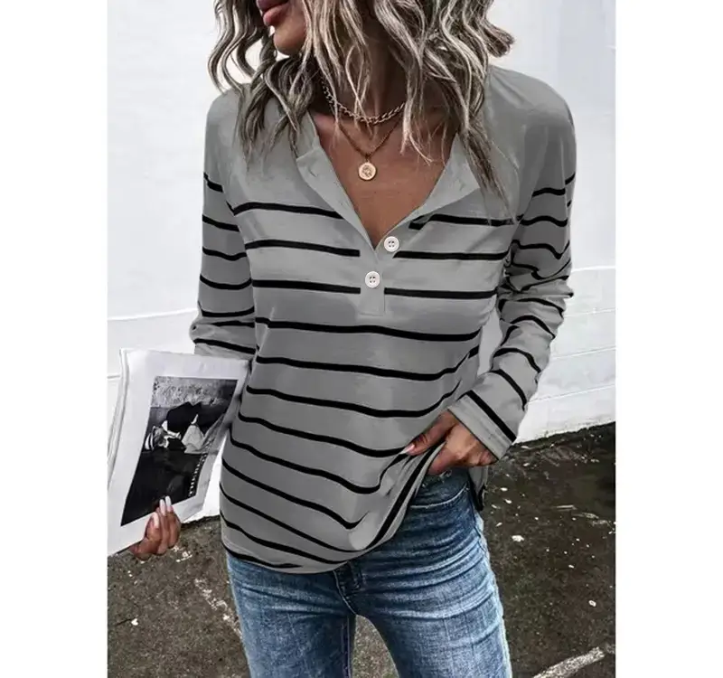 Women Striped Button T-Shirt Long Sleeve Blue White - Image 6