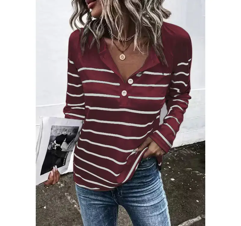Women Striped Button T-Shirt Long Sleeve Blue White - Image 7