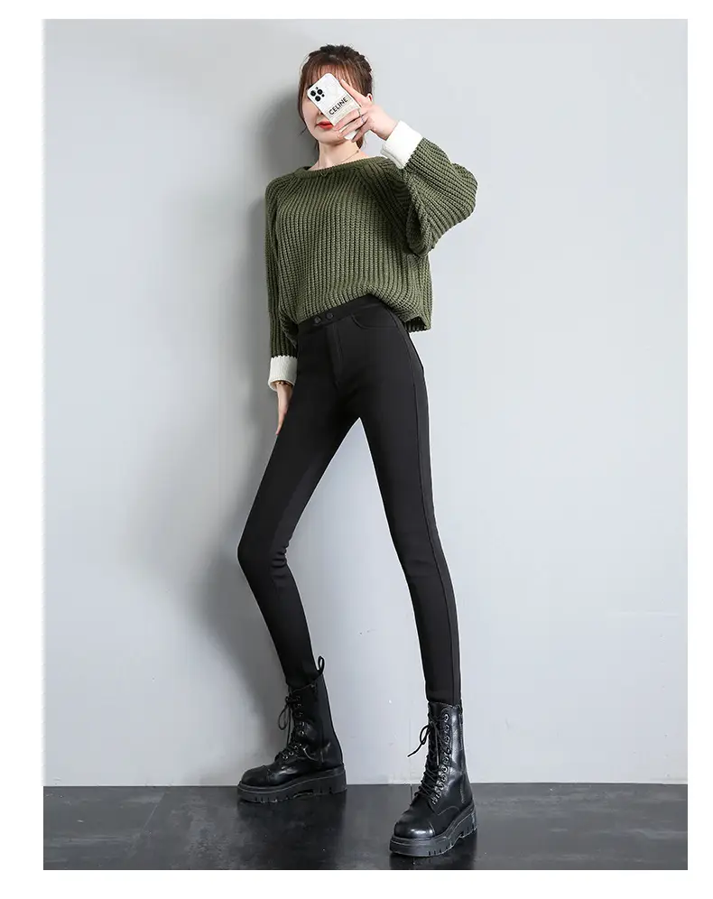 Fleece Lined Green Leggings Warm Thick Waist — feature 19