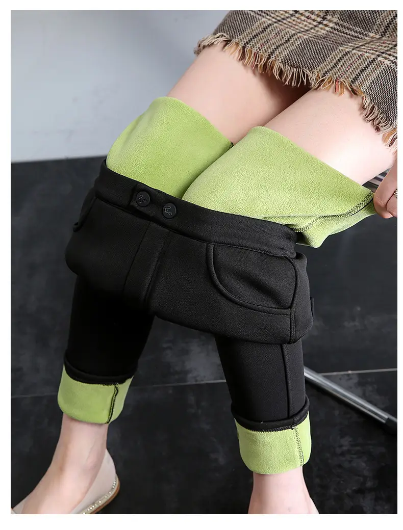 Fleece Lined Green Leggings Warm Thick Waist — feature 21