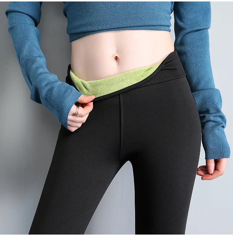 Fleece Lined Green Leggings Warm Thick Waist — feature 27