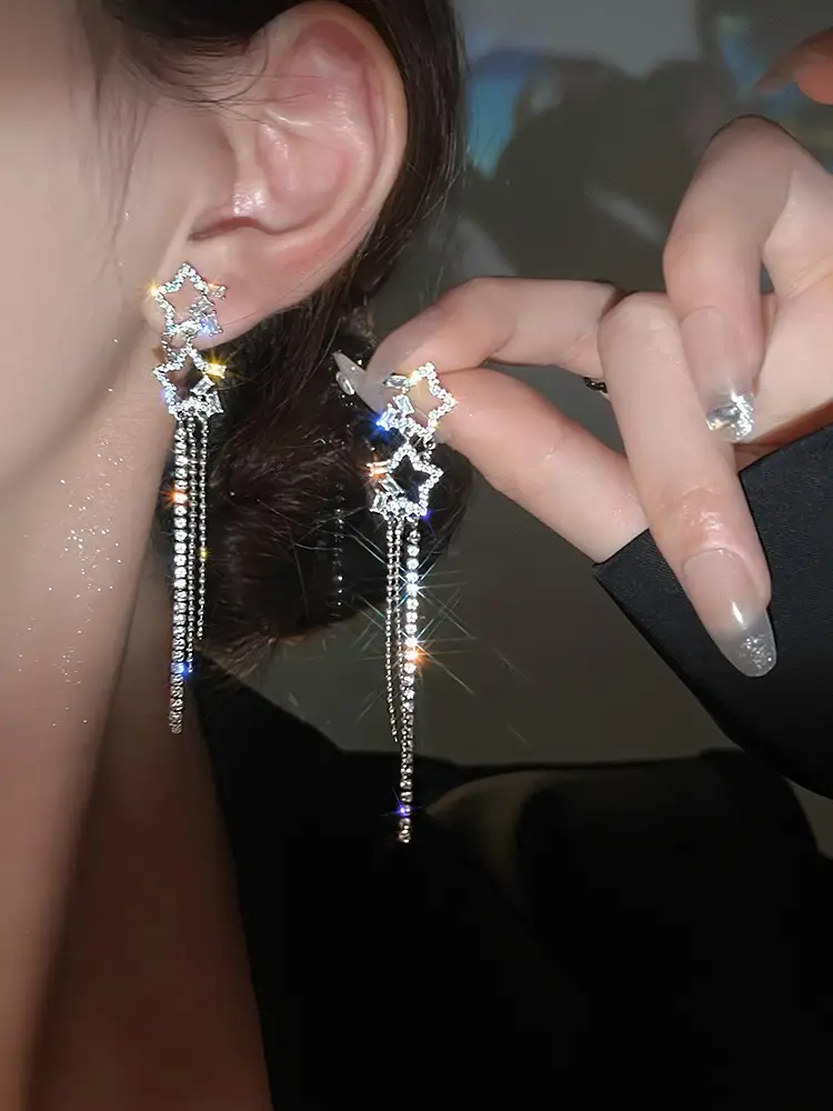 925 Silver Star Tassel Earrings New Trendy Elegant - Image 2