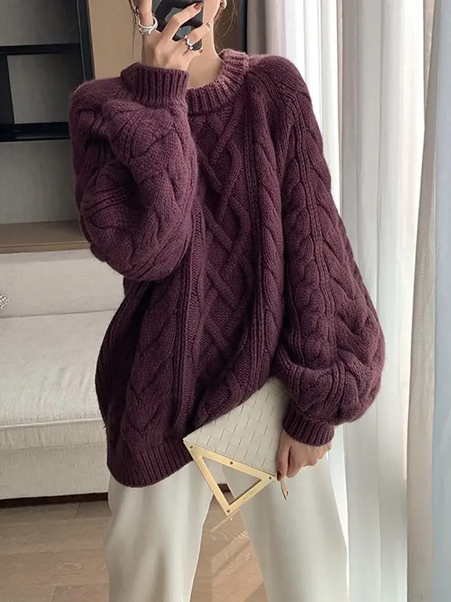 Women Thick Twist Pullover Sweater Large Size Knitted Loose Autumn Winter 2022 - Image 3