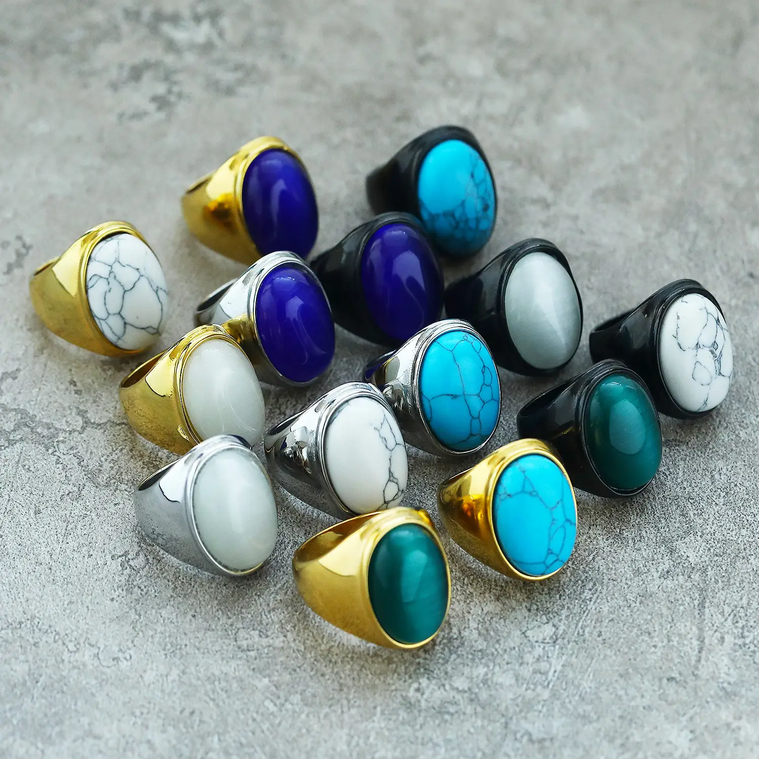 Men's Oval Marble Titanium Steel Ring Silver White - Image 18