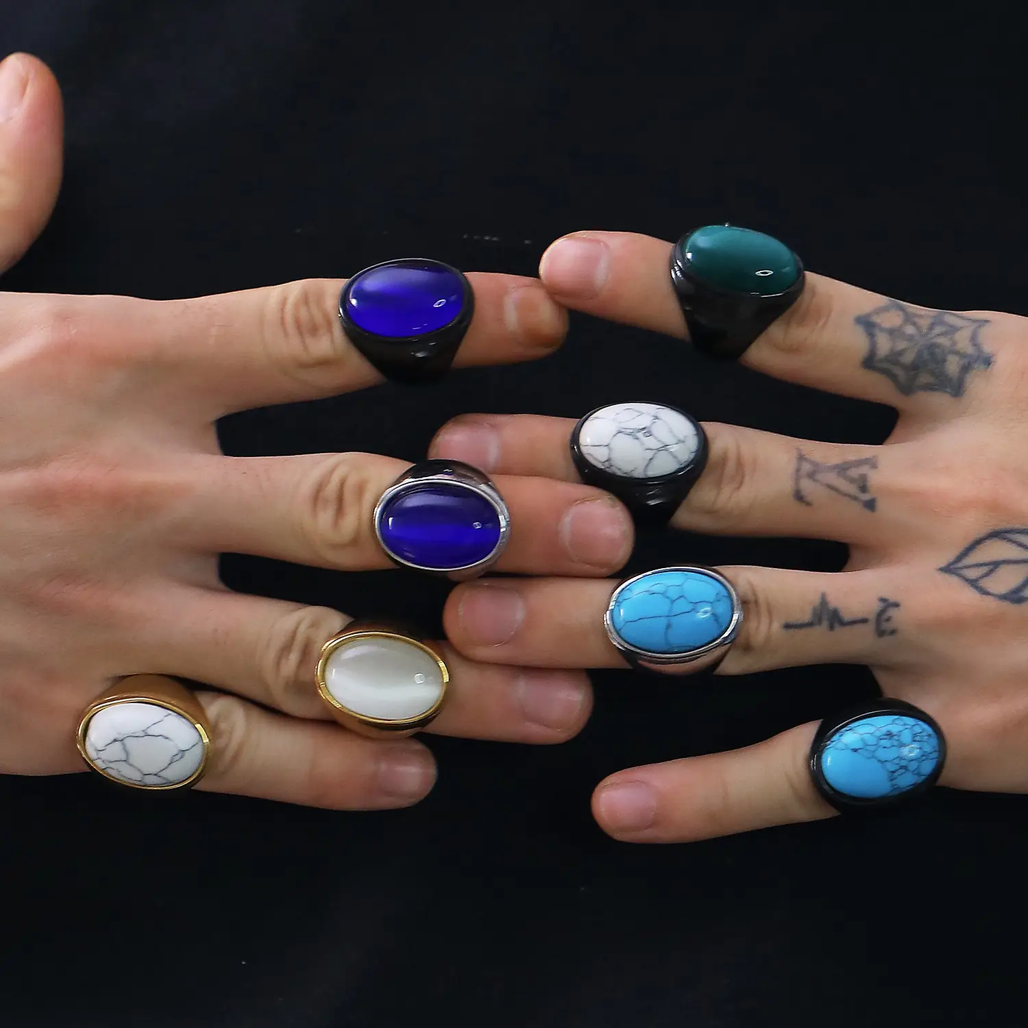 Men's Oval Marble Titanium Steel Ring Silver White - Image 19
