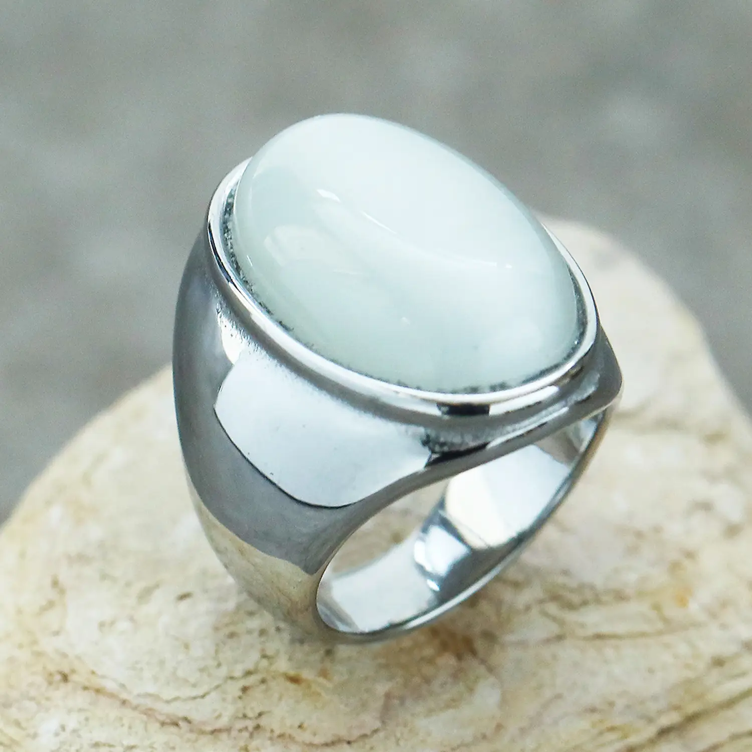 Men's Oval Marble Titanium Steel Ring Silver White — feature 22
