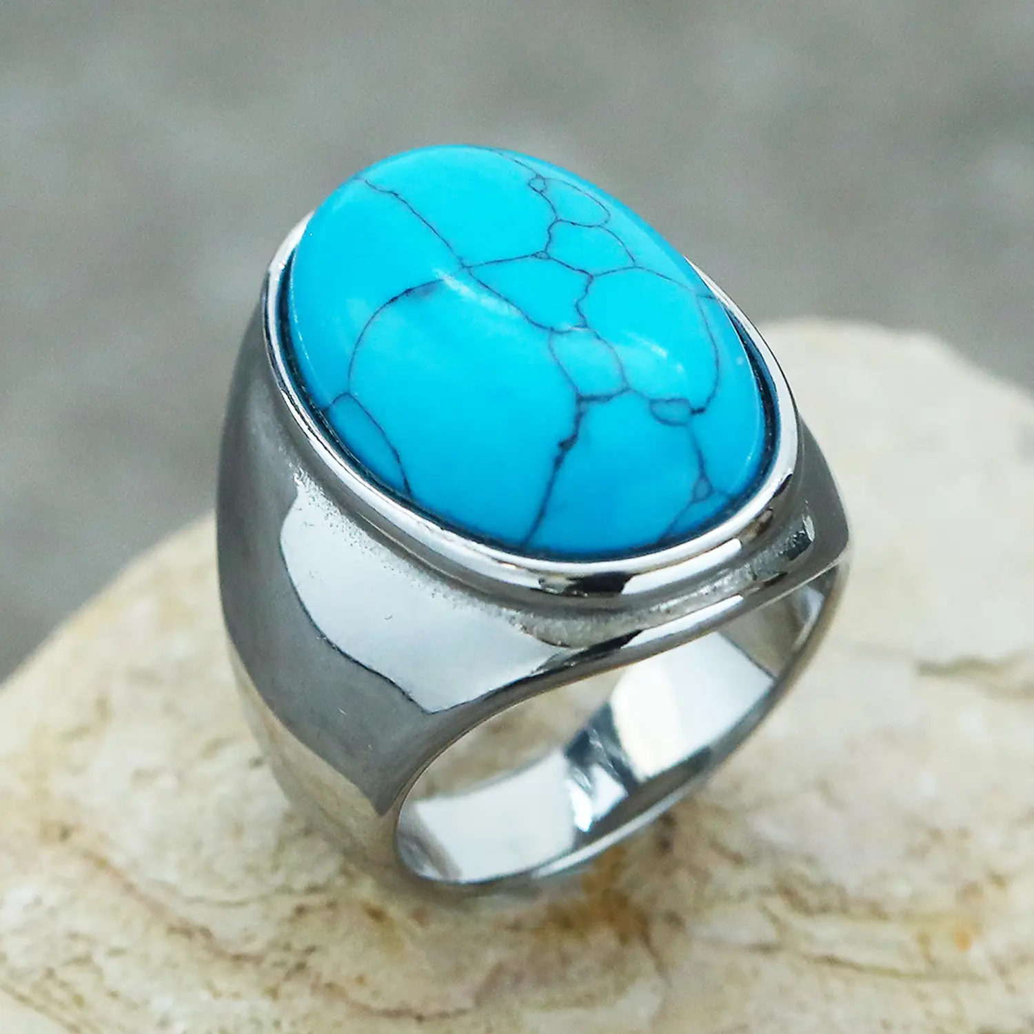 Men's Oval Marble Titanium Steel Ring Silver White — feature 24