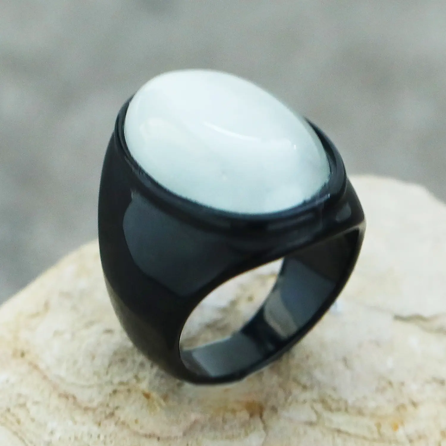 Men's Oval Marble Titanium Steel Ring Silver White — feature 29