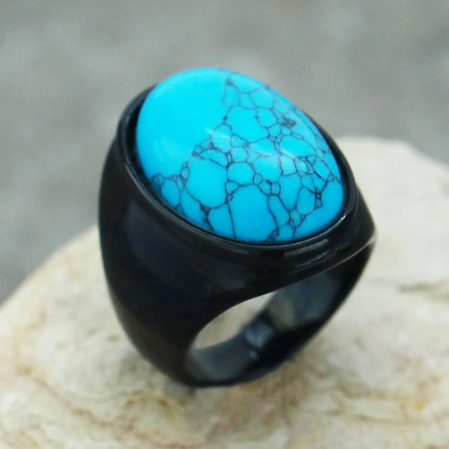 Men's Oval Marble Titanium Steel Ring Silver White — feature 31
