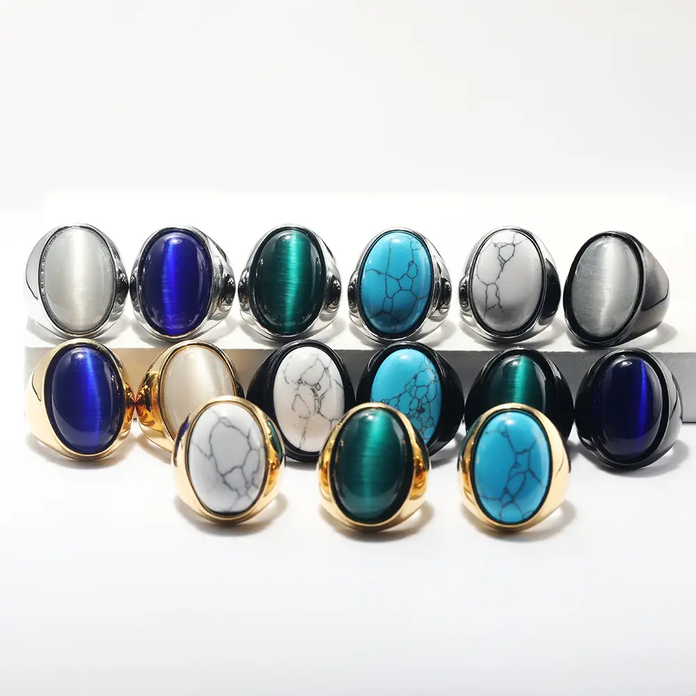 Men's Oval Marble Titanium Steel Ring Silver White — feature 4