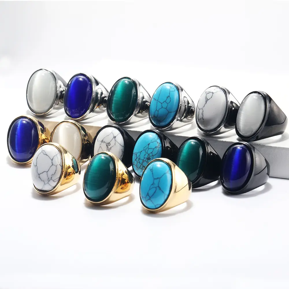 Men's Oval Marble Titanium Steel Ring Silver White — feature 5