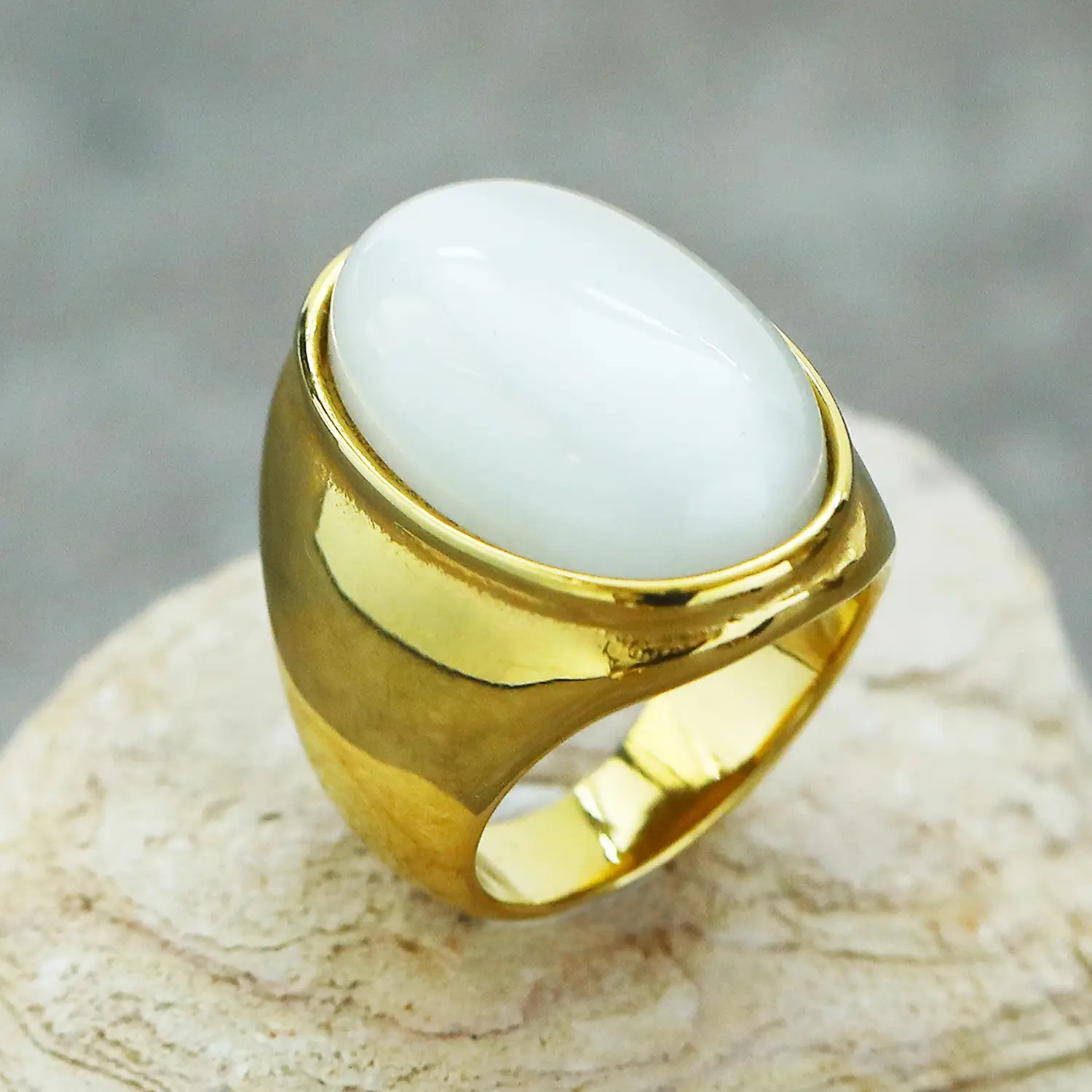 Men's Oval Marble Titanium Steel Ring Silver White — feature 7