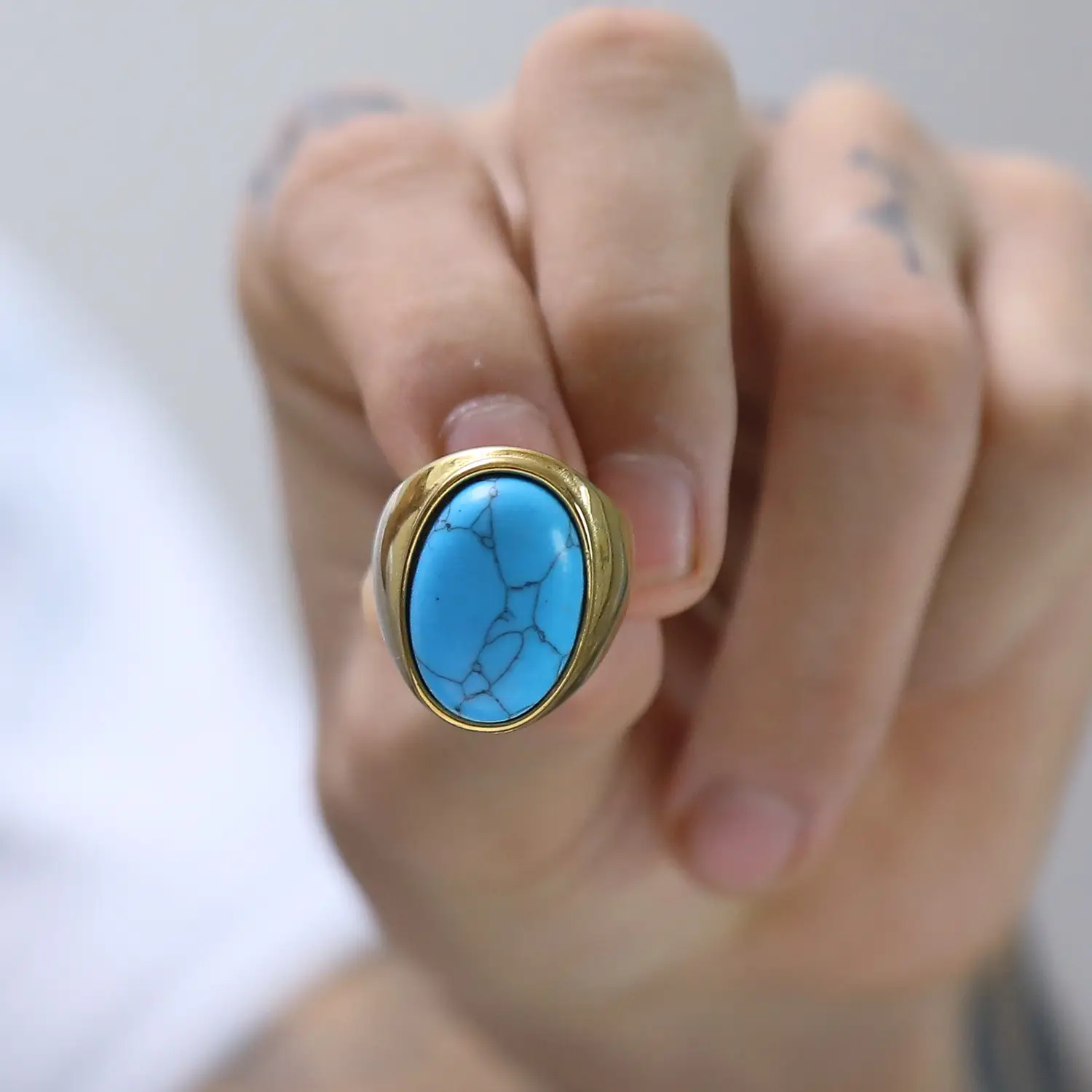 Men's Oval Marble Titanium Steel Ring Silver White — feature 9