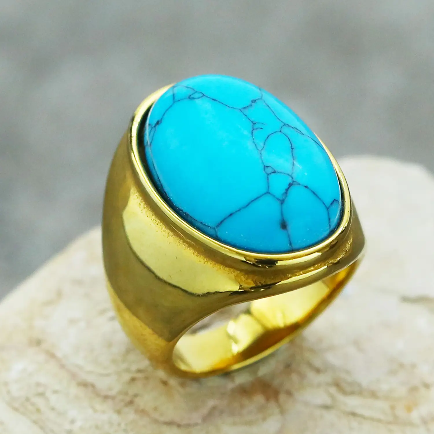 Men's Oval Marble Titanium Steel Ring Silver White - Image 10