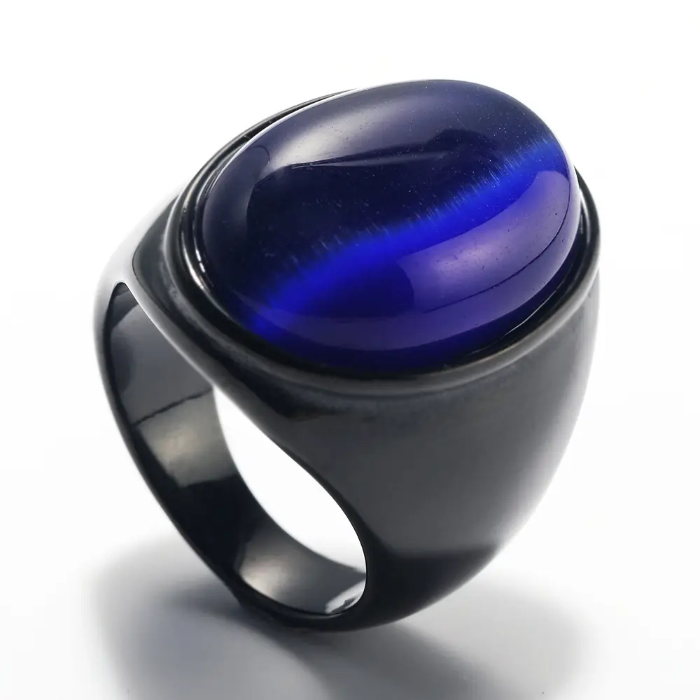 Men's Oval Marble Titanium Steel Ring Silver White - Image 12