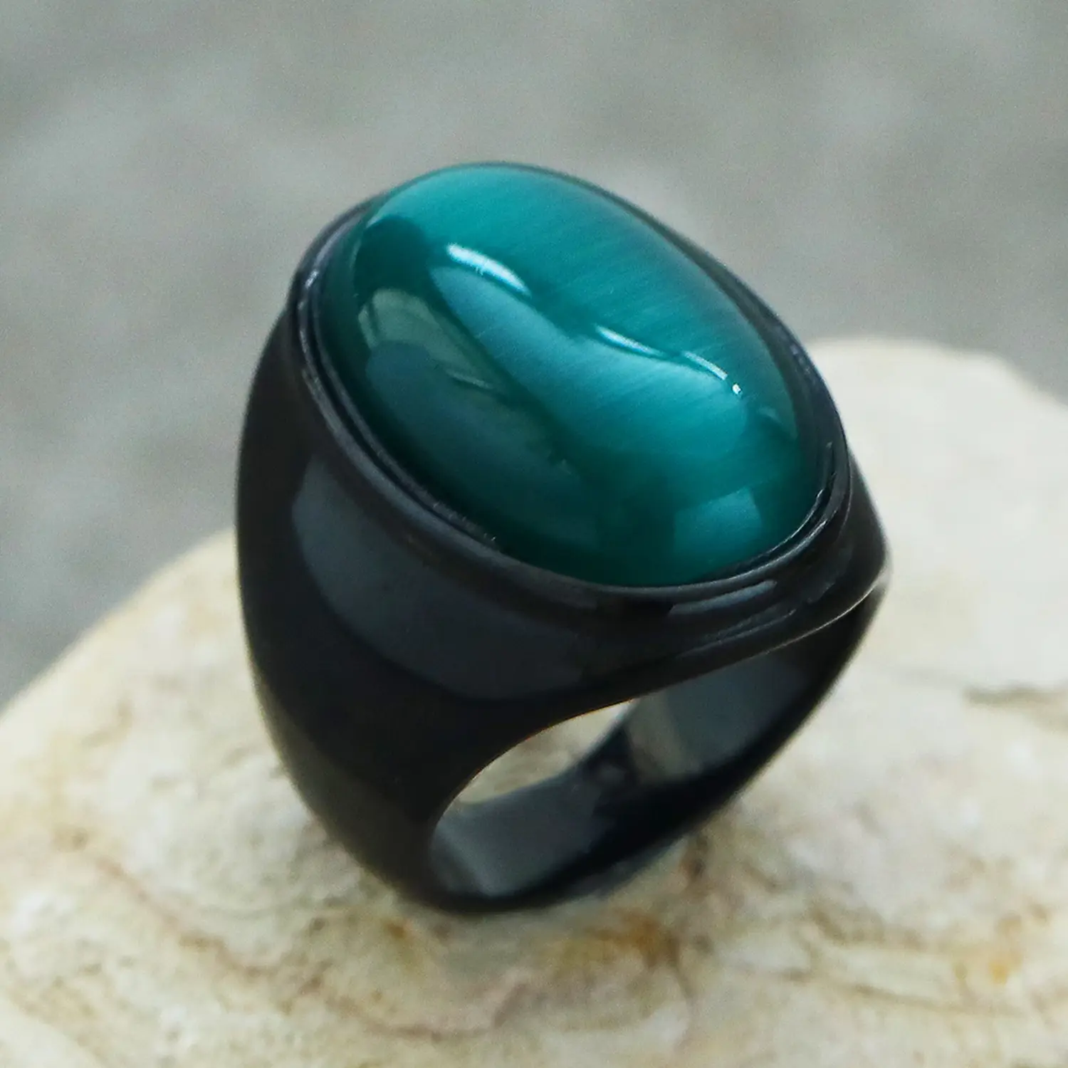 Men's Oval Marble Titanium Steel Ring Silver White - Image 13