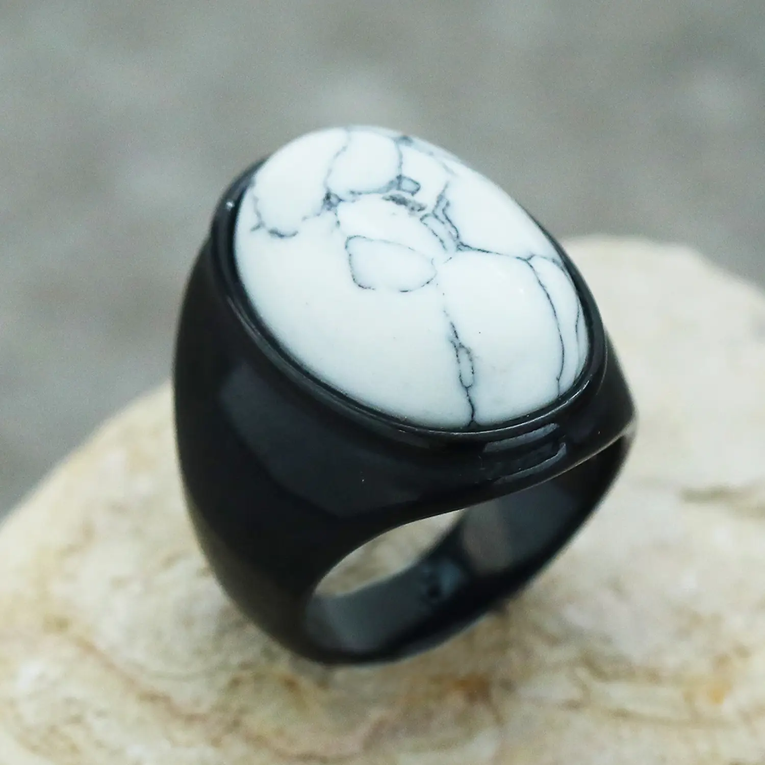 Men's Oval Marble Titanium Steel Ring Silver White - Image 14