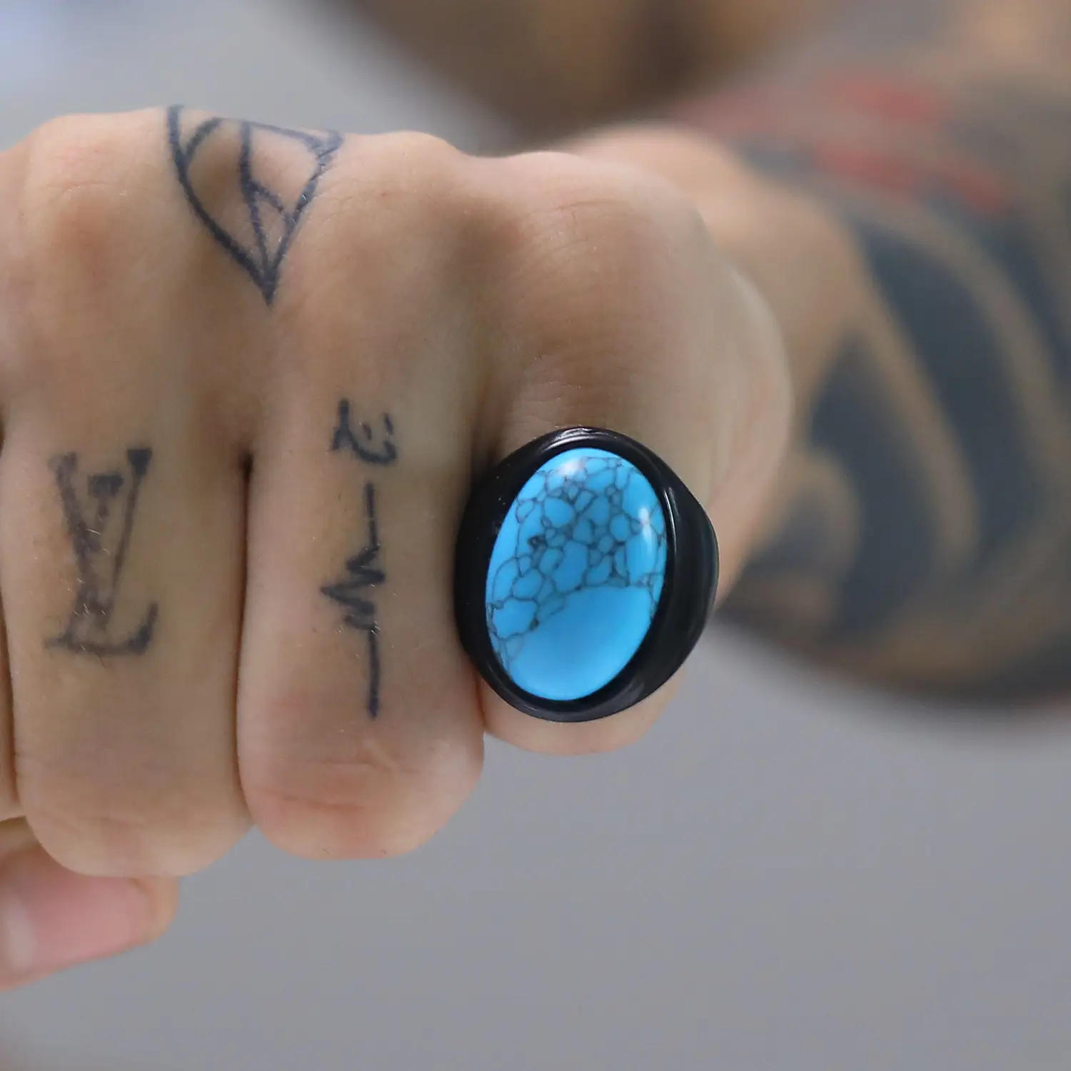 Men's Oval Marble Titanium Steel Ring Silver White - Image 15