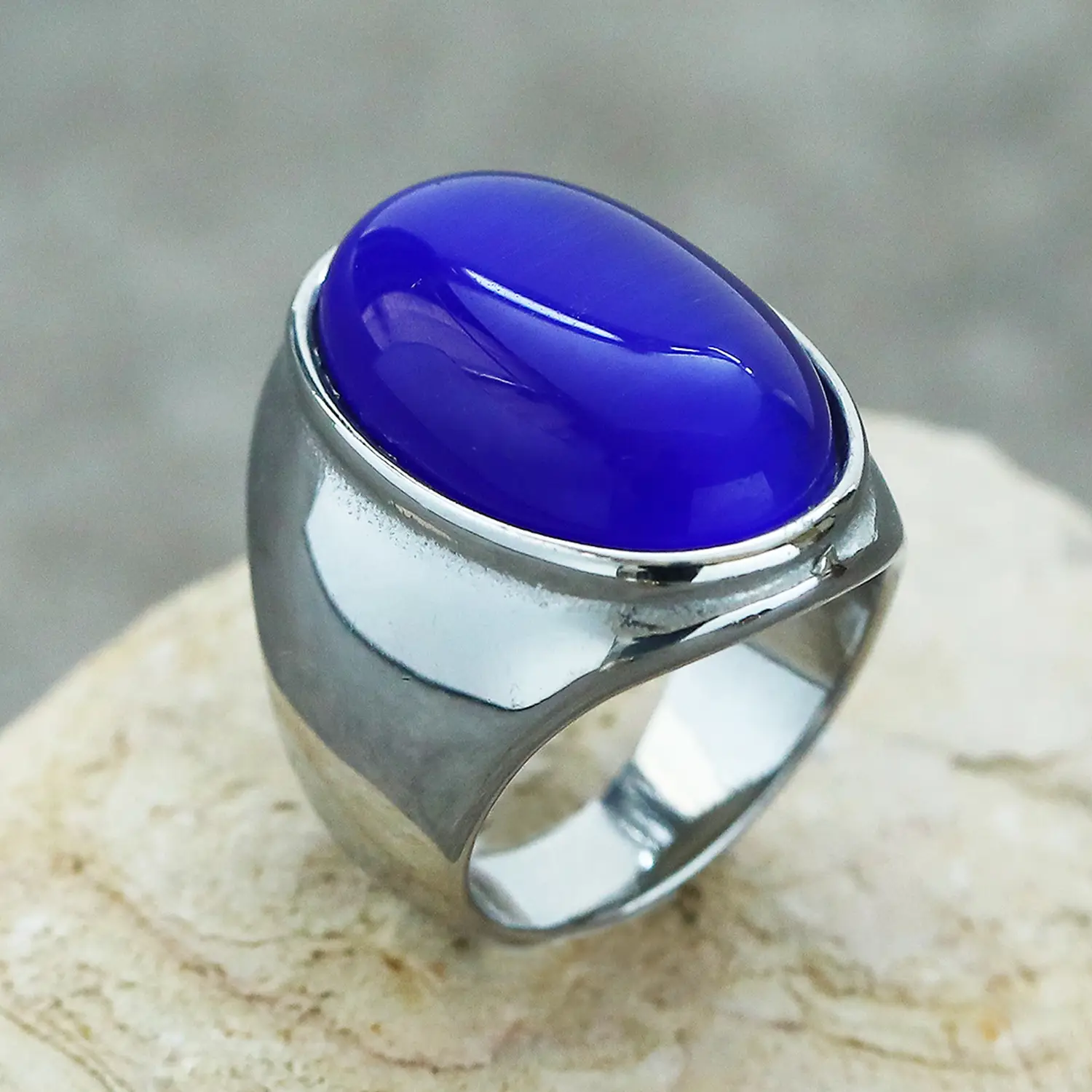 Men's Oval Marble Titanium Steel Ring Silver White - Image 2